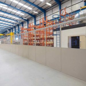 warehouse-partitioning-teepee Steel warehouse partition installed in a warehouse by Teepee Materials Handling